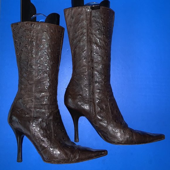 BRUNO MAGLI Brown Embossed Full Zip High Heel Knee High Boots Sz6 - Picture 1 of 5